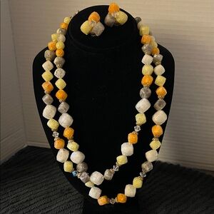 Vintage Multicolor Beaded Necklace & Clip Earring Set Beautiful Shaped Beads